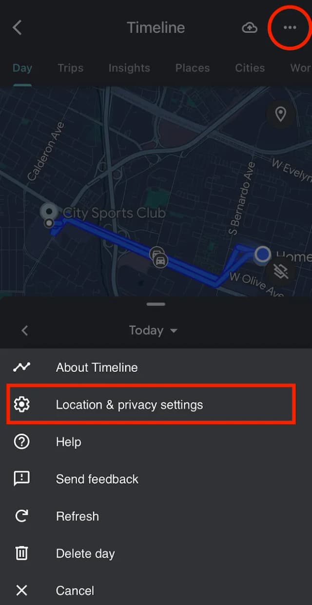 Timeline screen with three dots menu highlighted