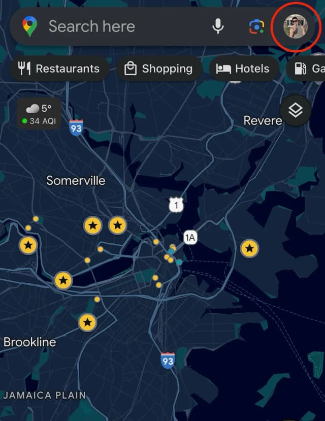 Google Maps app with profile icon highlighted